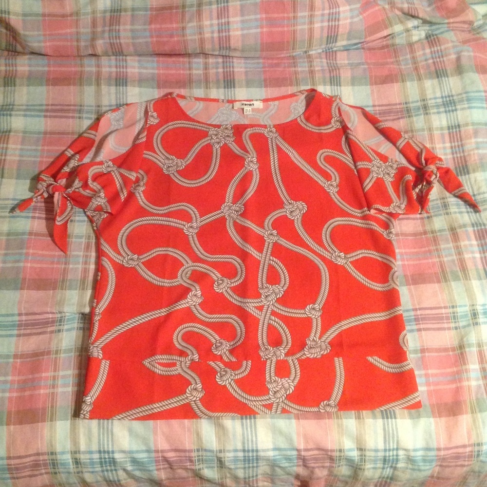 Nautical Rope Print Tie-Sleeve Blouse